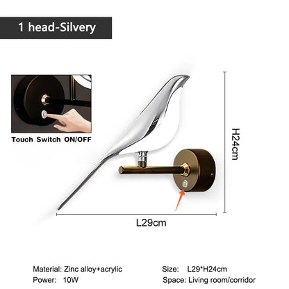 Magpie Bird 360° Rotatable LED Wall Lights Wall Lamps for Bedside Bedroom Touch Switch Indoor LED Wall Sconce Decor for Corridor